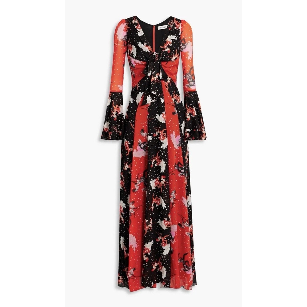 NWT Diane Von Furstenberg Selena Maxi Chiffon Dress Dancers Red Black Statement